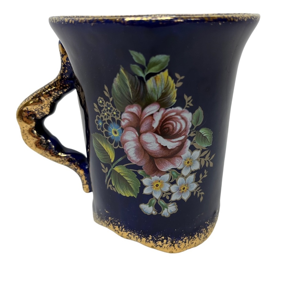 Alnis Crown Cobalt Blue Gold Trim Floral Mug Scalloped Painted Vtg Regal Elegant